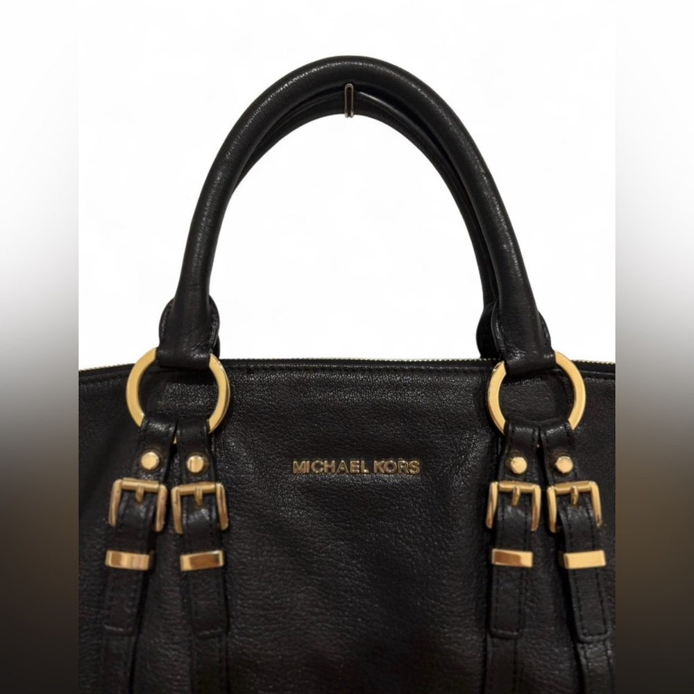 Michael Kors Leigh Black Leather Satchel Purse - Picture 2 of 8
